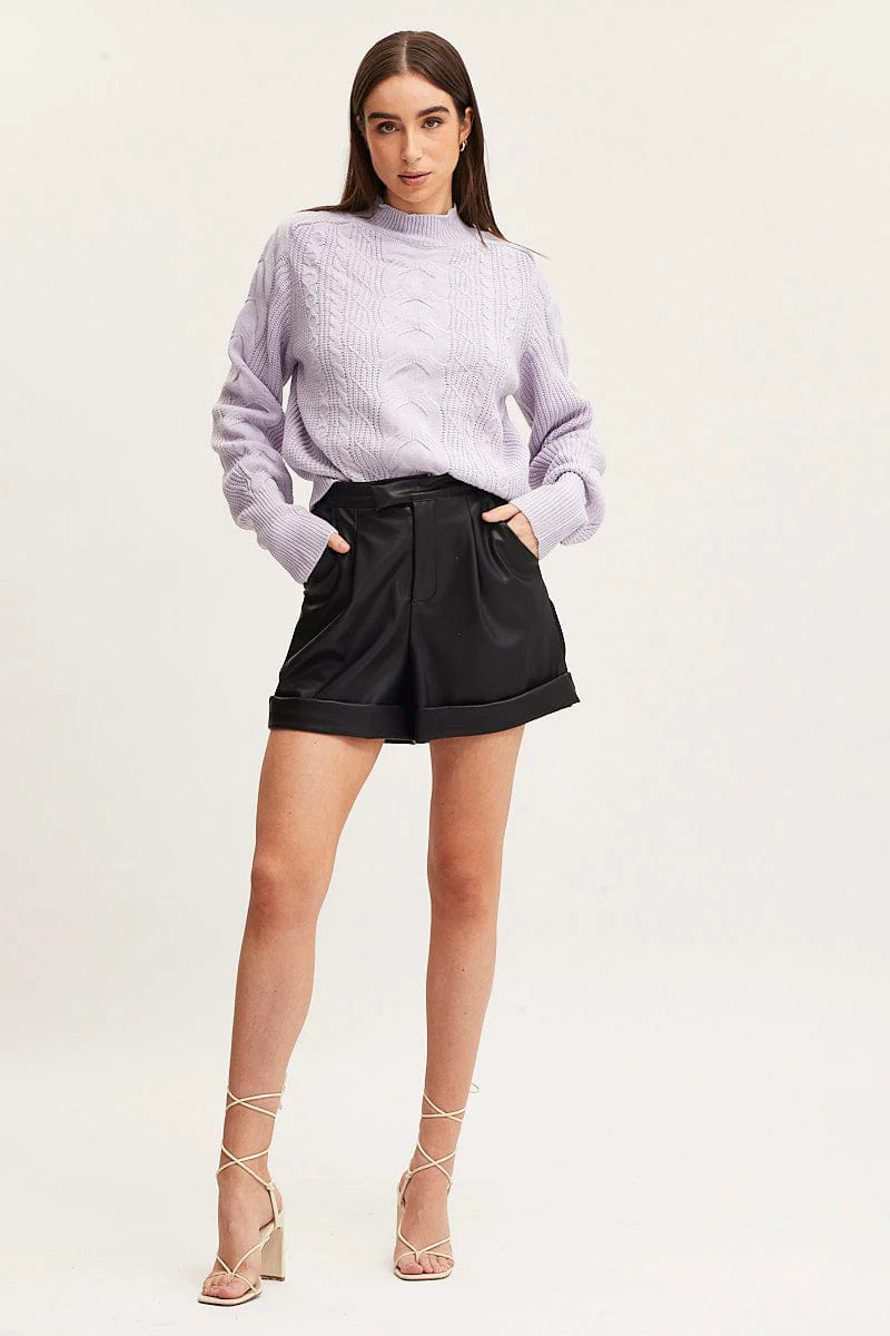 Purple Knit Top Long Sleeve Relaxed Turtleneck Cable - Image 2