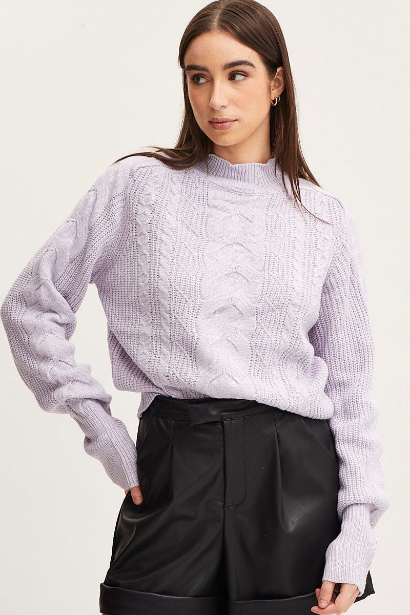 Purple Knit Top Long Sleeve Relaxed Turtleneck Cable - Image 3