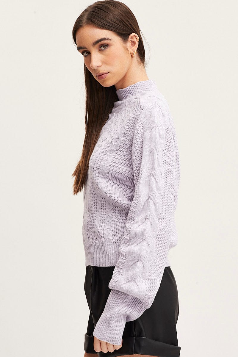 Purple Knit Top Long Sleeve Relaxed Turtleneck Cable - Image 4
