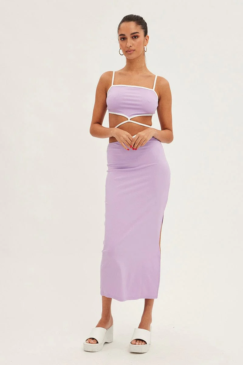 Purple Midi Skirt Bodycon Tie Contrast Ribbed