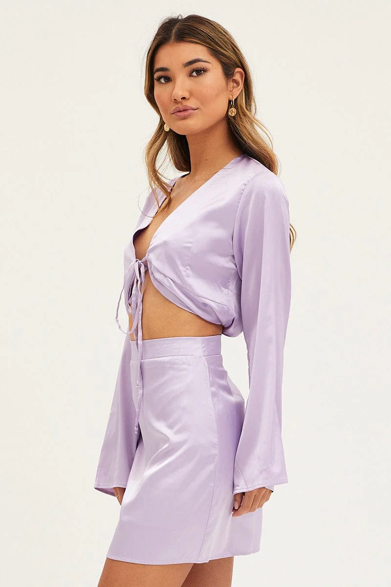 Purple Mini Skirt High Rise Satin - Image 4