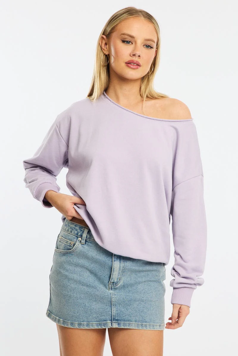 Purple Off Shoulder Sweater Long Sleeve
