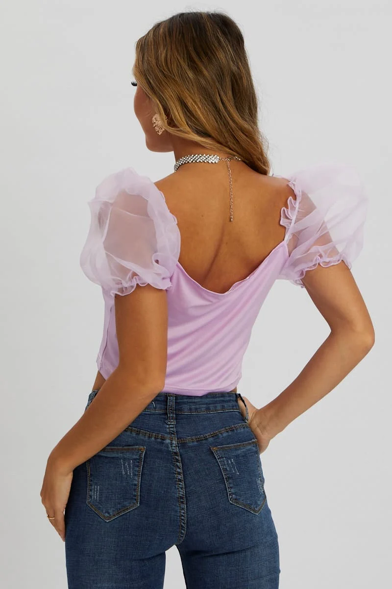 Purple Organza Puff Sleeve Top - Image 3