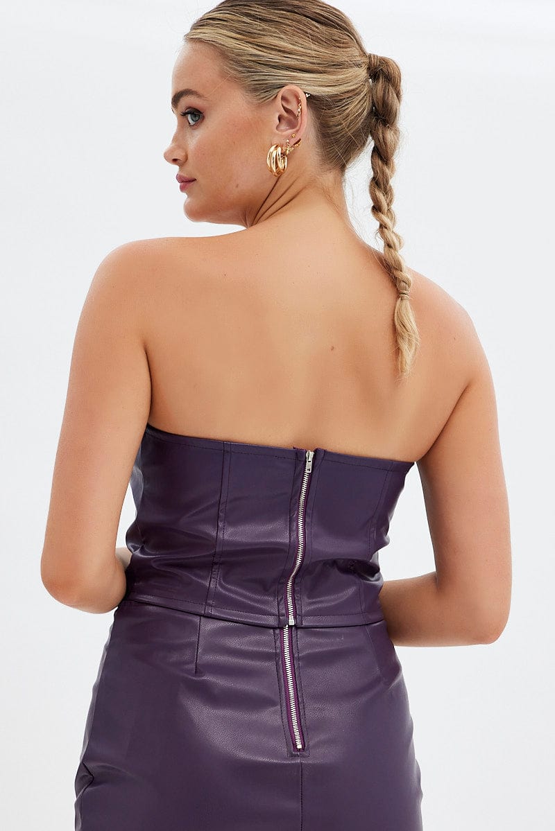 Purple Faux Leather Corset Sleeveless Strapless Bandeau - Image 5