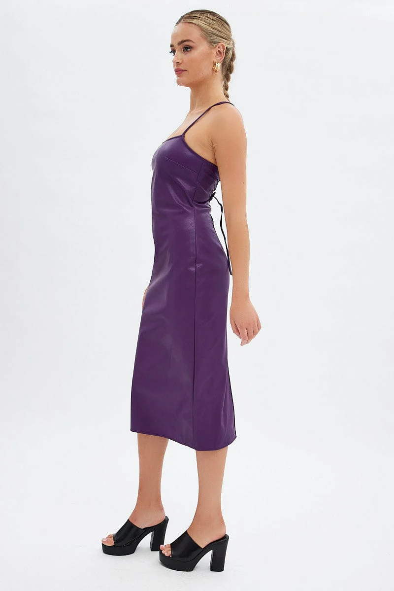 Purple Faux Leather Dress Sleeveless Scoop Neck Midi - Image 4