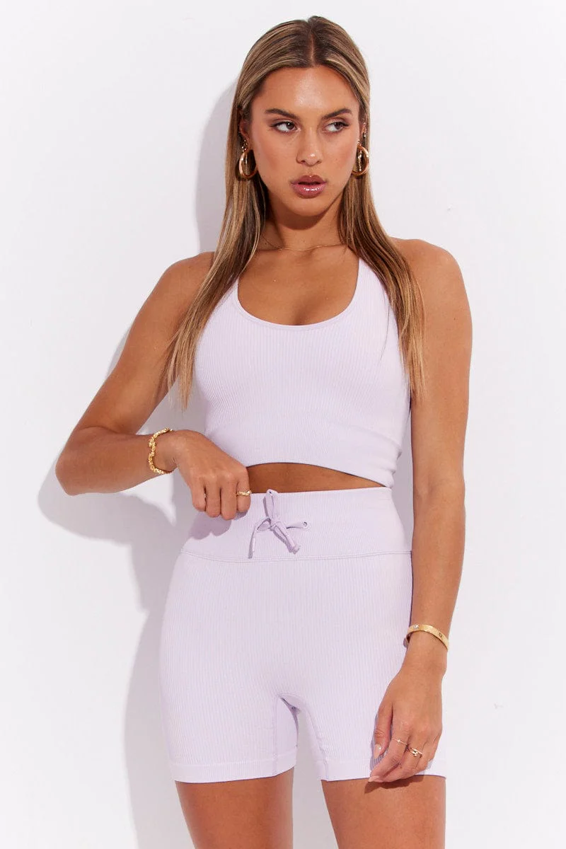 Purple Seamless Halter Top And Bike Shorts Activewear Set - Image 3