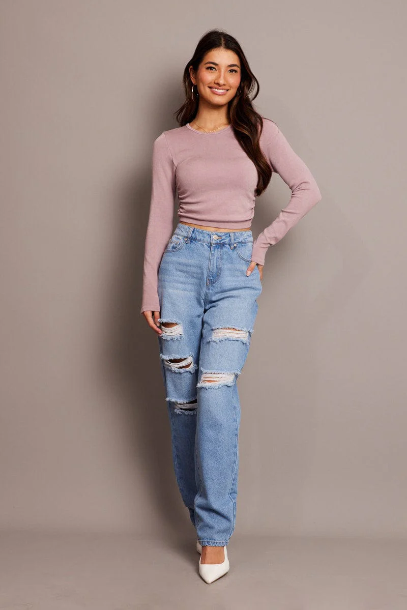 Purple Seamless Top Long Sleeve Side Ruched - Image 2