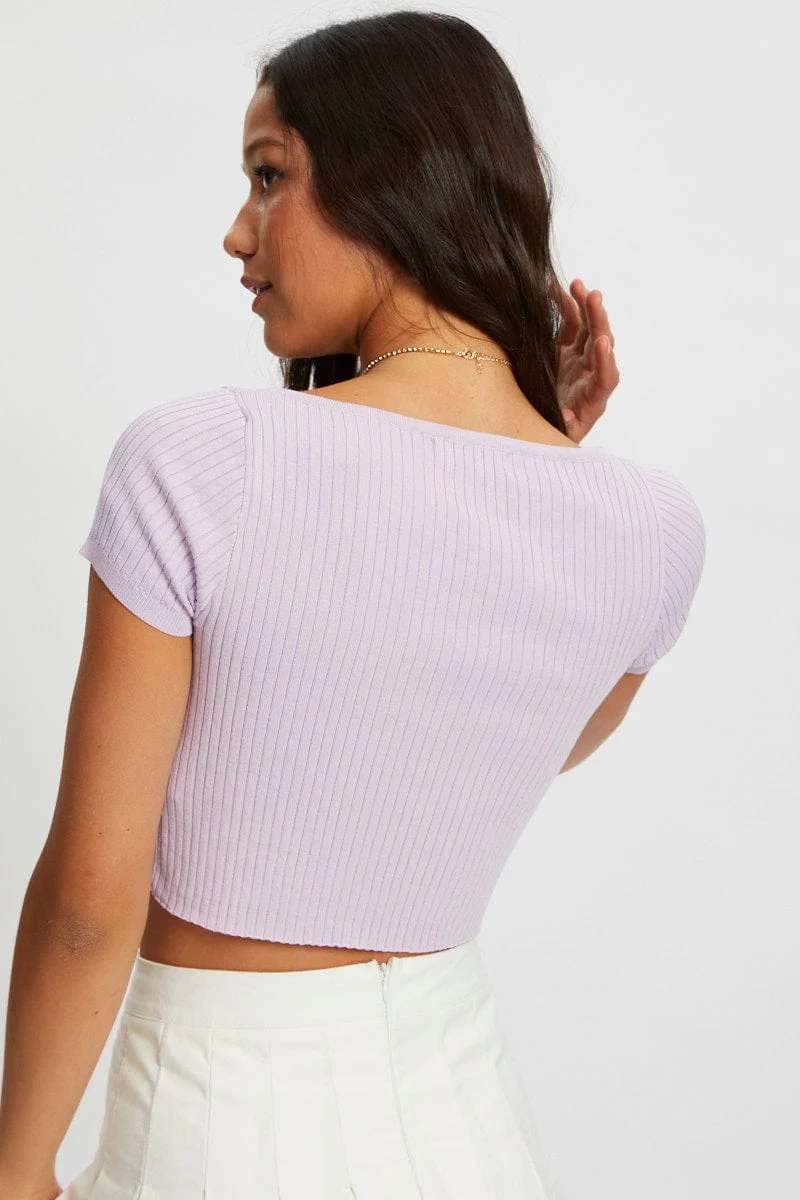Purple Short Sleeve Rib Knit Scoop Neck Button Detail Cro - Image 5