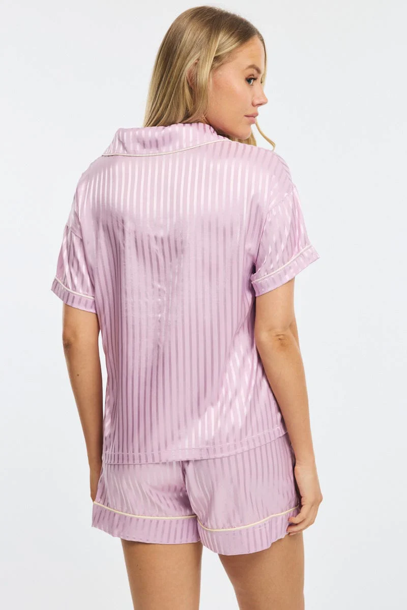 Purple Stripe Pyjamas Set Short Sleeve Satin Jacquard - Image 4