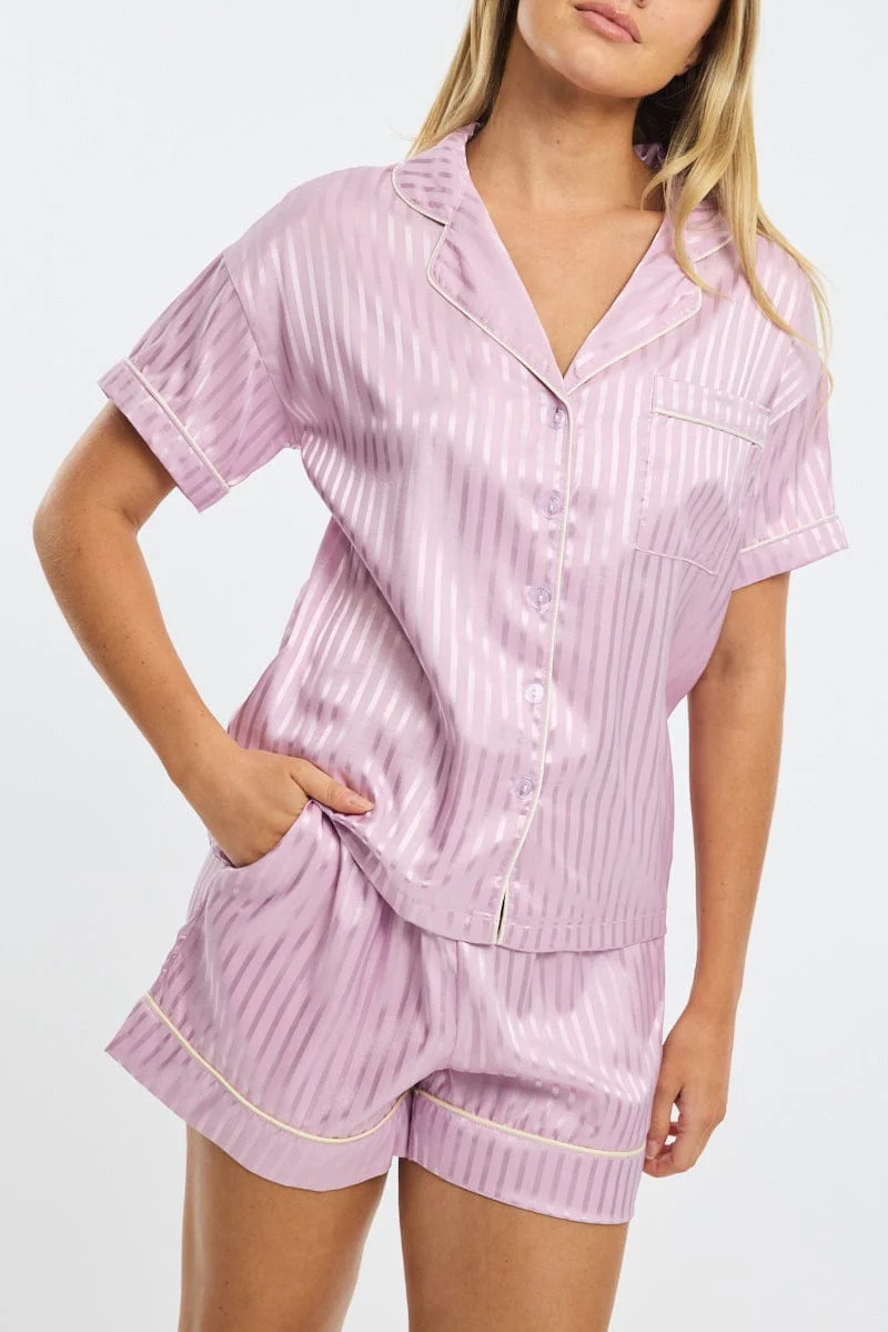 Purple Stripe Pyjamas Set Short Sleeve Satin Jacquard - Image 5