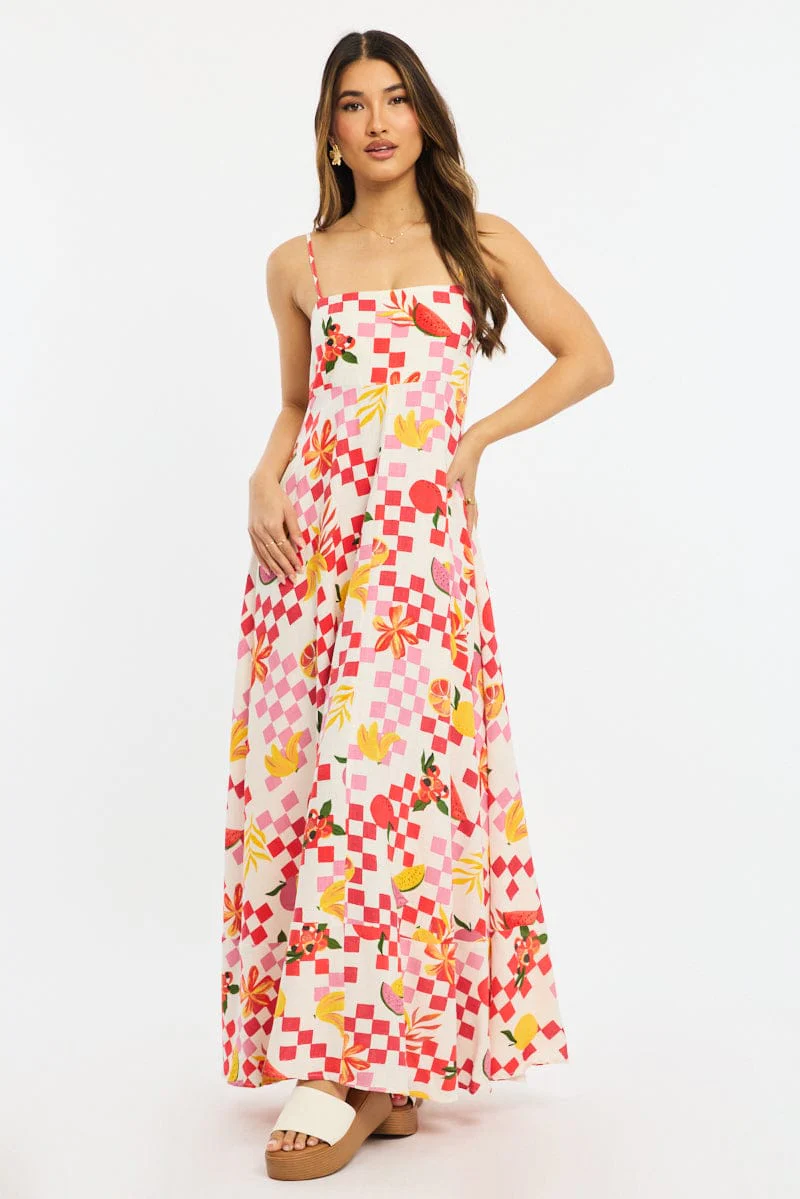 Red Abstract Maxi Dress Strappy - Image 2