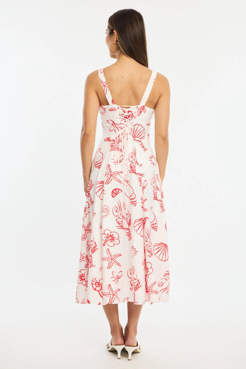 Red Abstract Midi Dress Gathered Bust - Image 4