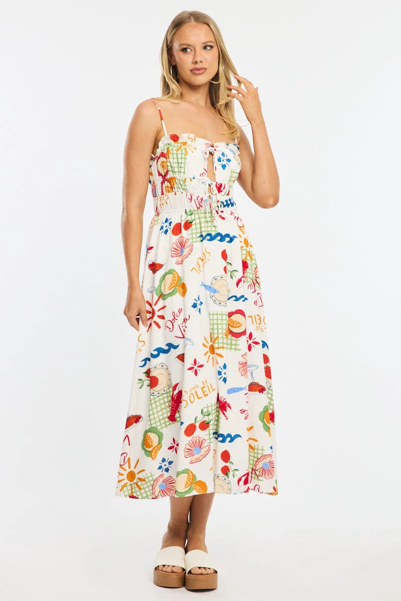 Red Abstract Midi Dress Ribbon Detail Strappy