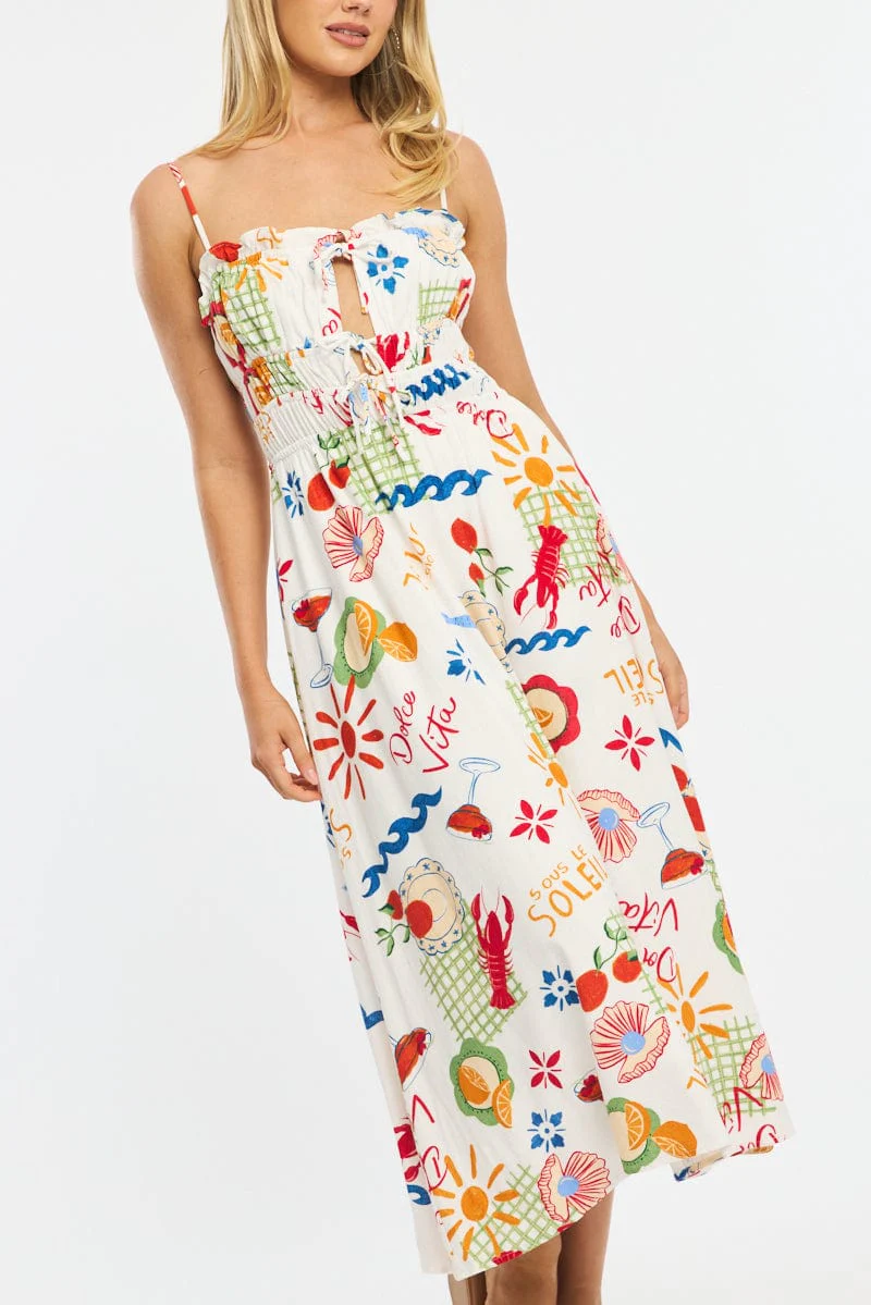 Red Abstract Midi Dress Ribbon Detail Strappy - Image 5