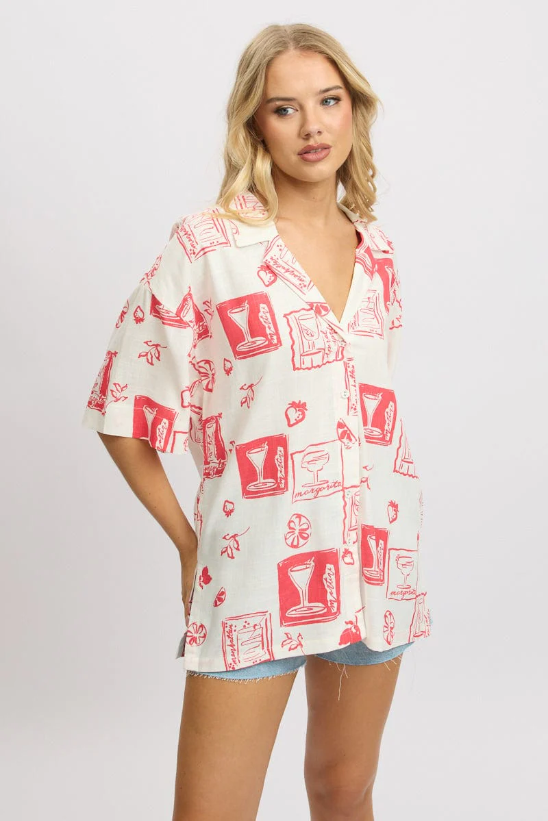 Red Abstract Relaxed Shirt Short Sleeve Linen Blend - Image 3