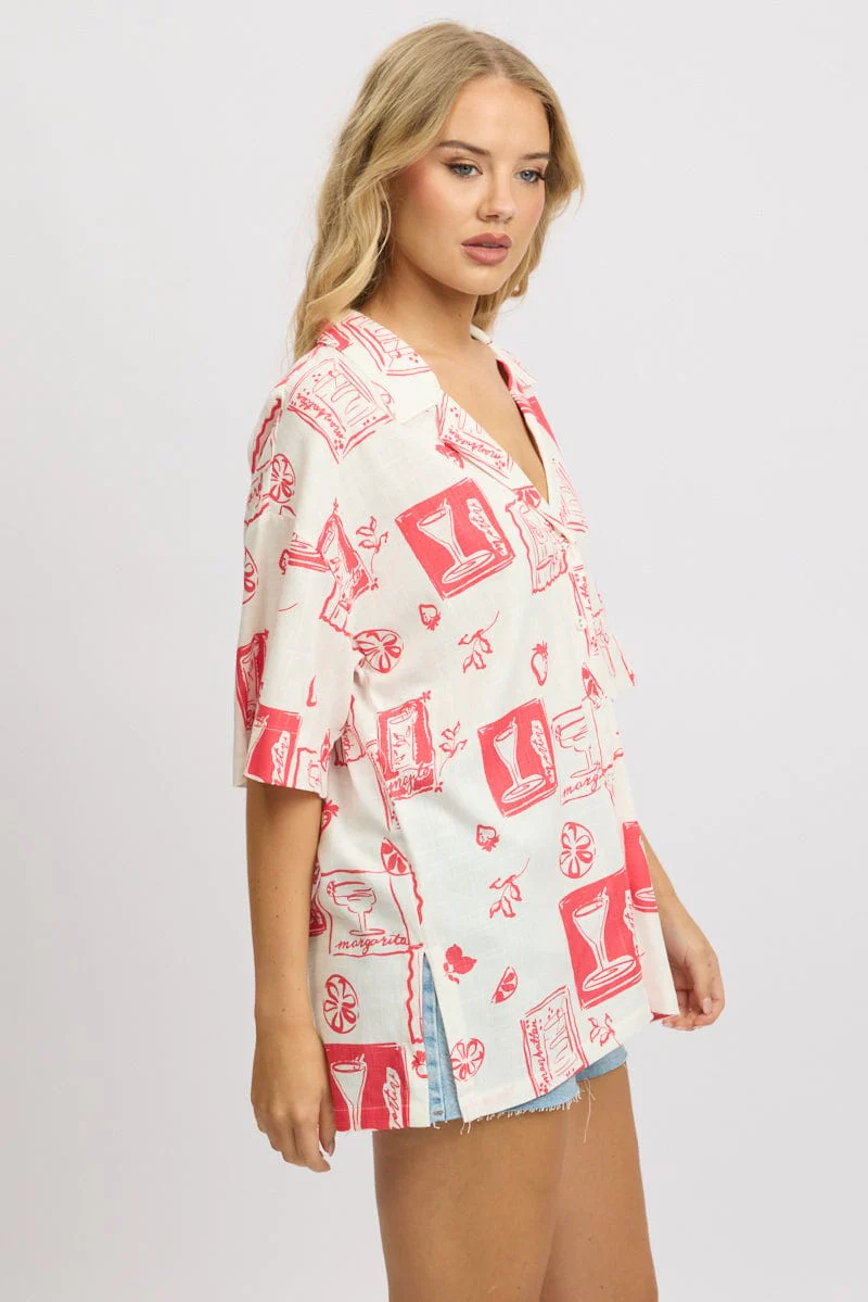Red Abstract Relaxed Shirt Short Sleeve Linen Blend - Image 4