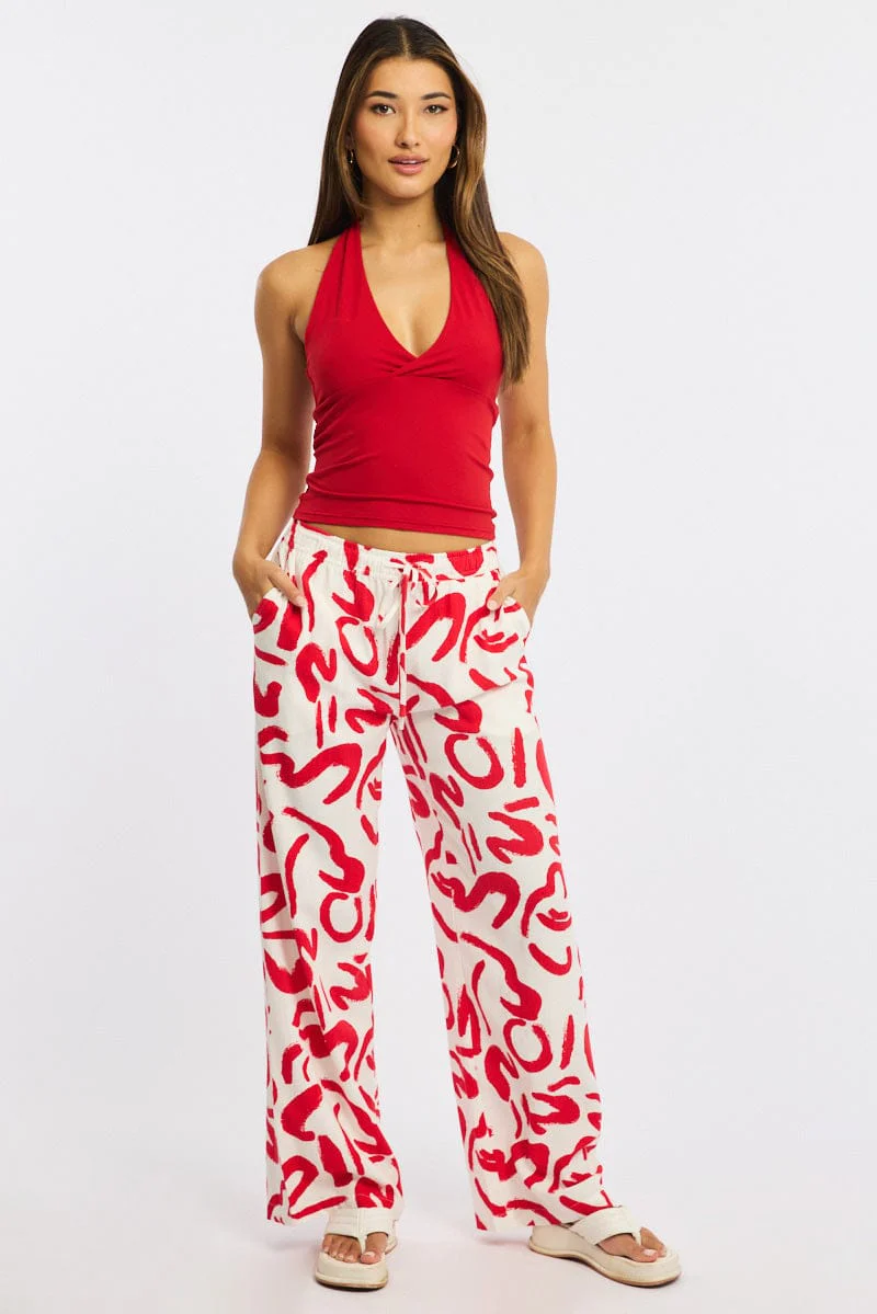 Red Abstract Wide Leg Pants Elasticated Waist - Image 3