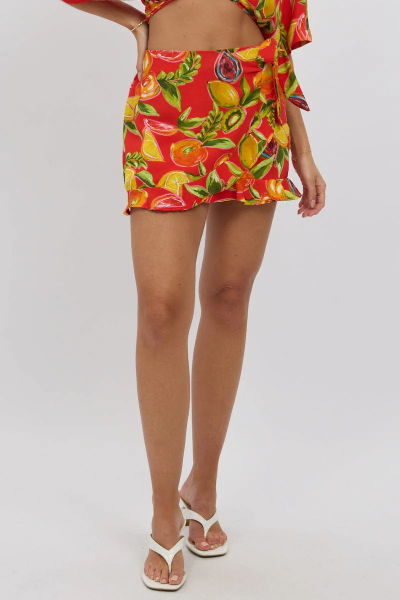 Red Abstract Wrap Skirt High Waisted Mini Ruffle - Image 3