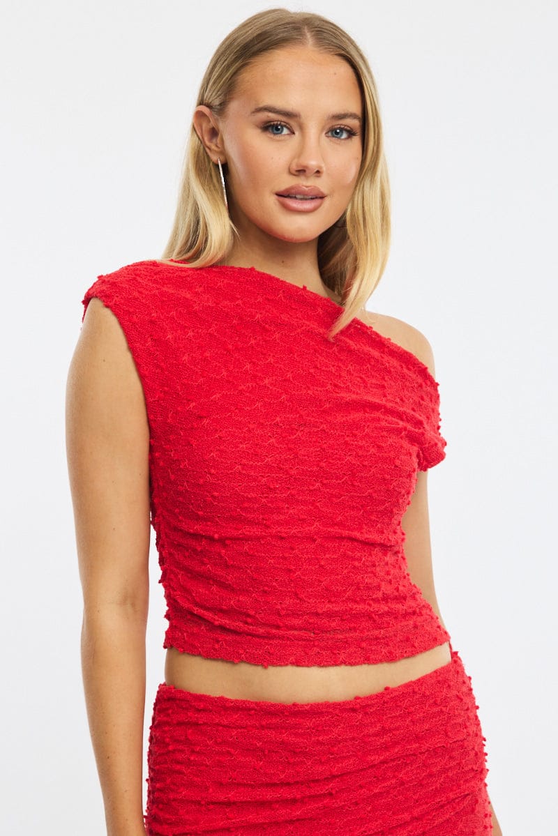 Red Asymmetric Top Sleeveless One Shoulder Textured