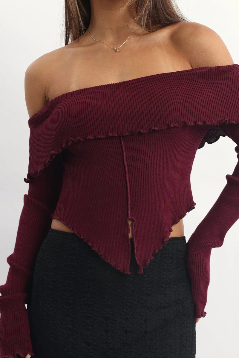 Red Bardot Knit Top Long Sleeve Open Front - Image 5