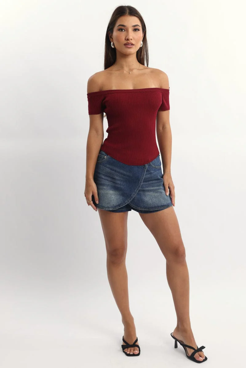 Red Bardot Knit Top Short Sleeve - Image 2