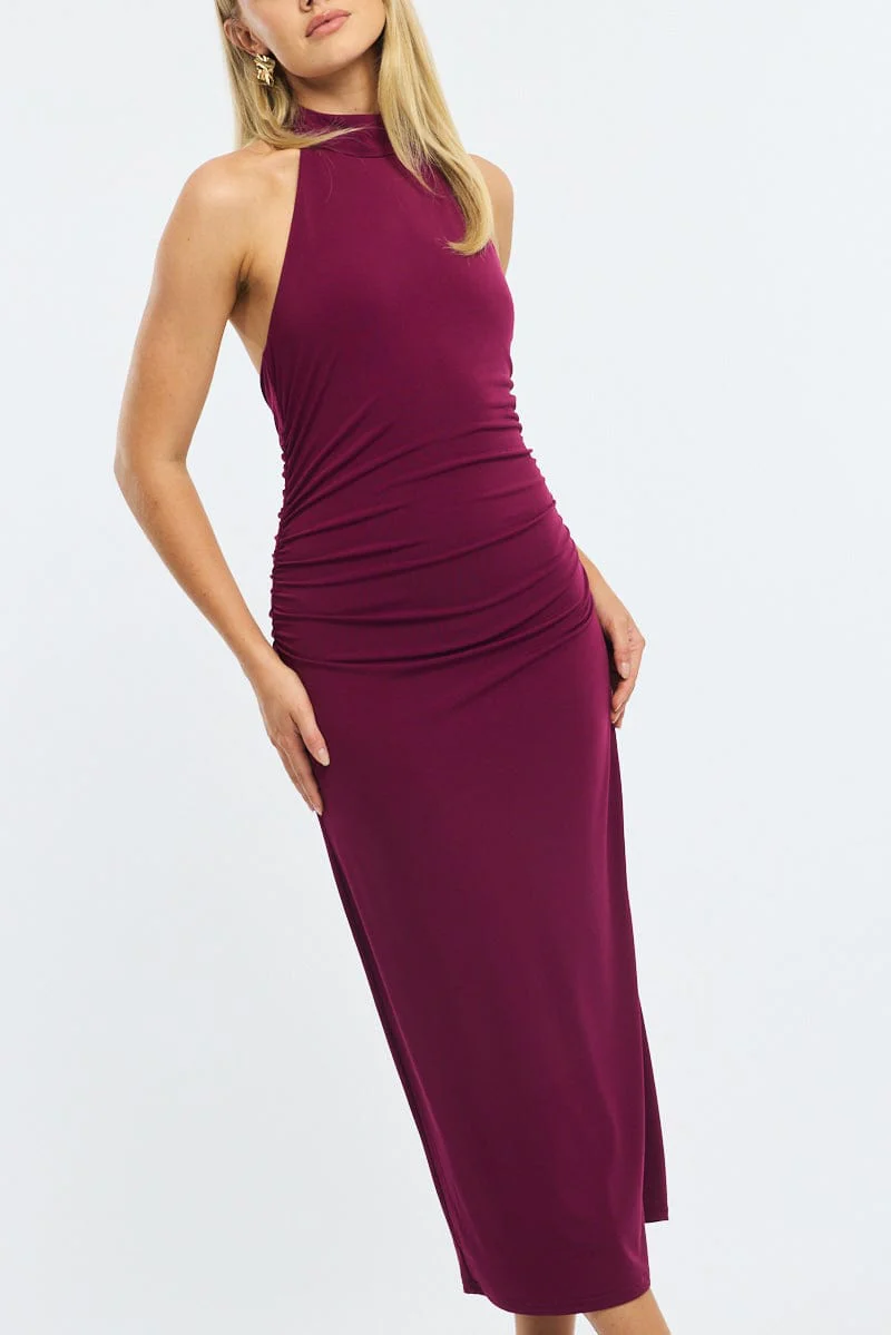 Red Bodycon Dress High Neck Side Ruched - Image 5