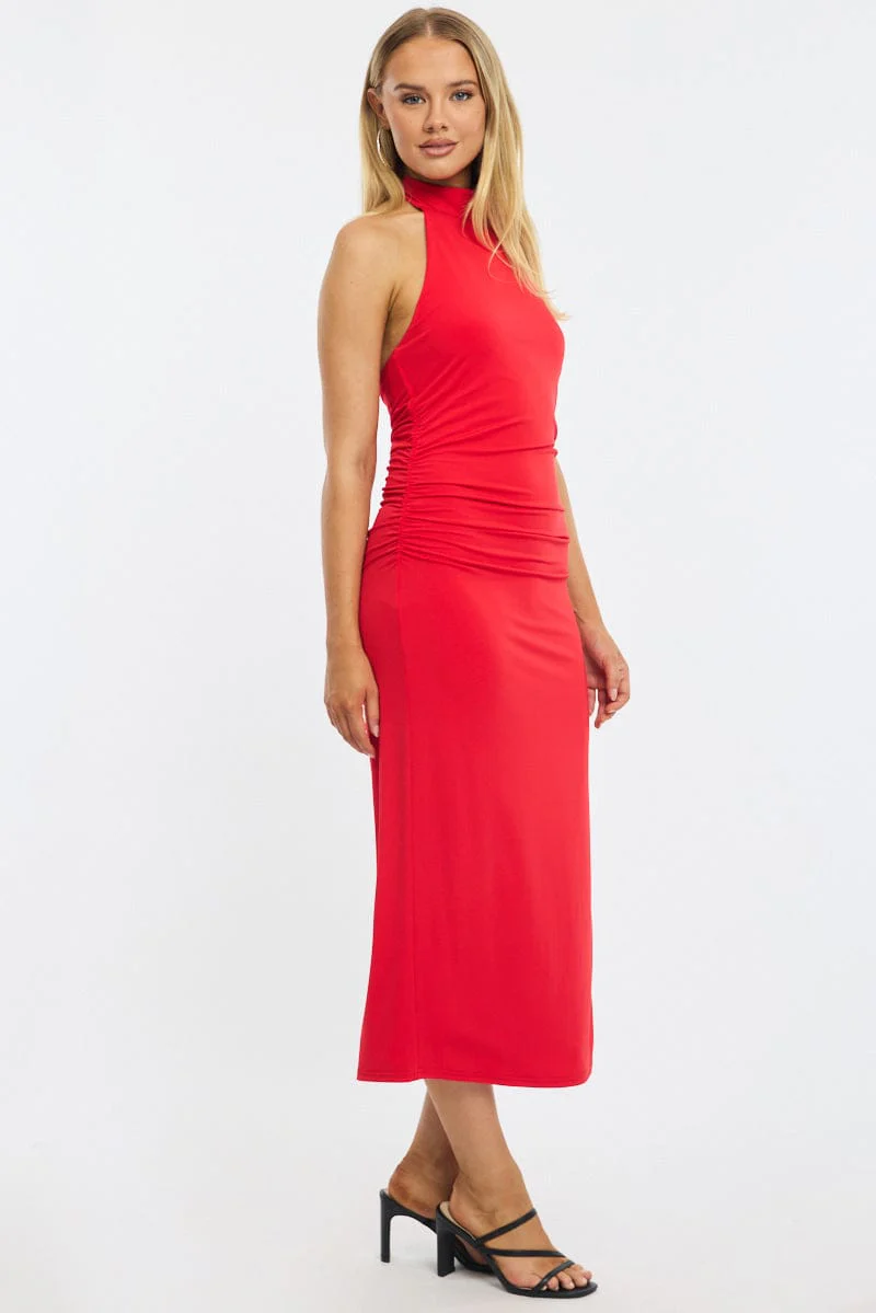 Red Bodycon Dress High Neck Side Ruched - Image 3