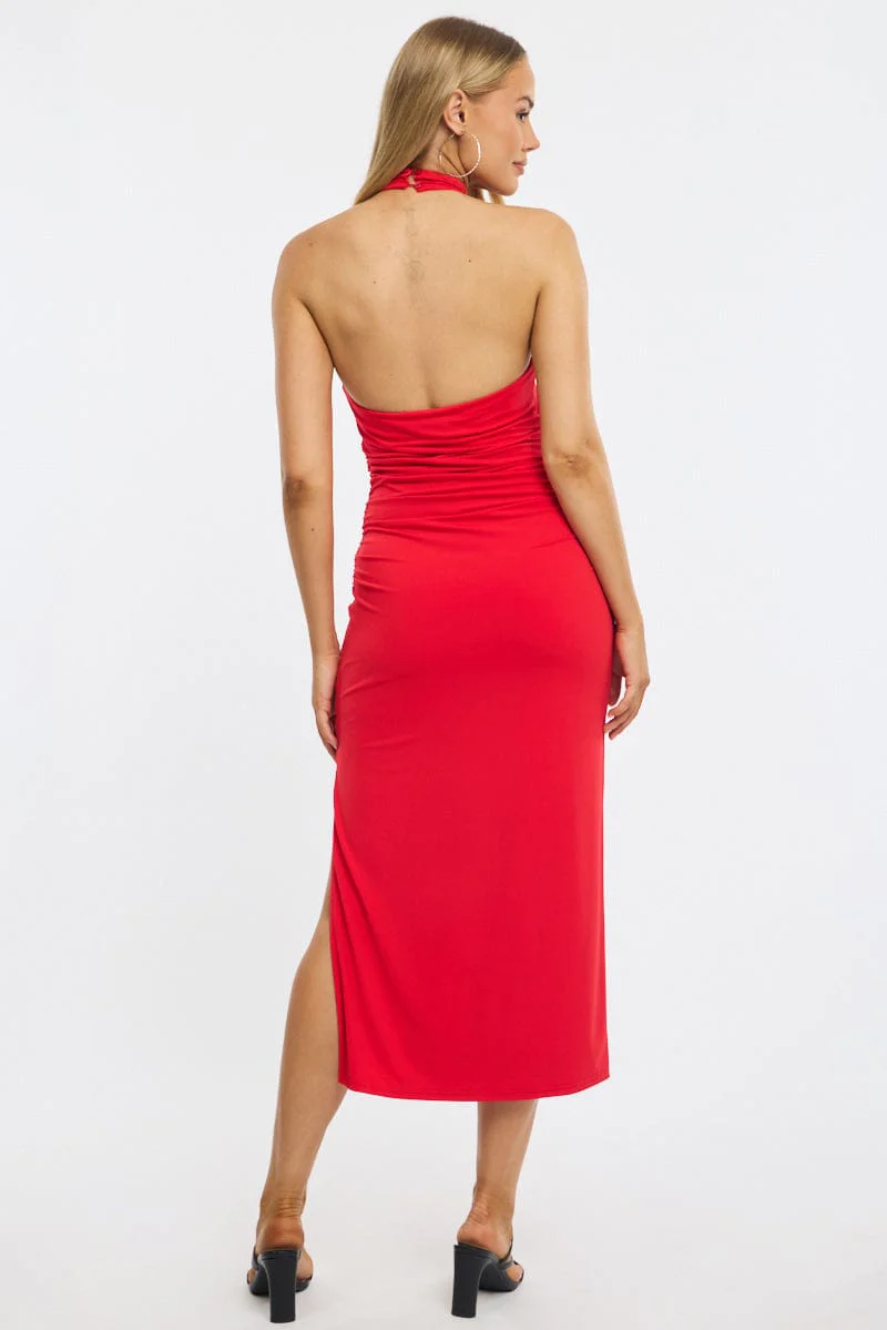 Red Bodycon Dress High Neck Side Ruched - Image 4