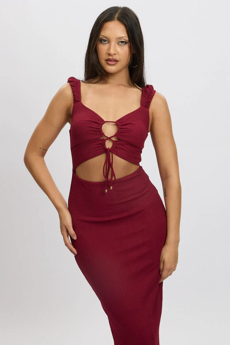 Red Bodycon Dress Textured Midi - Image 2