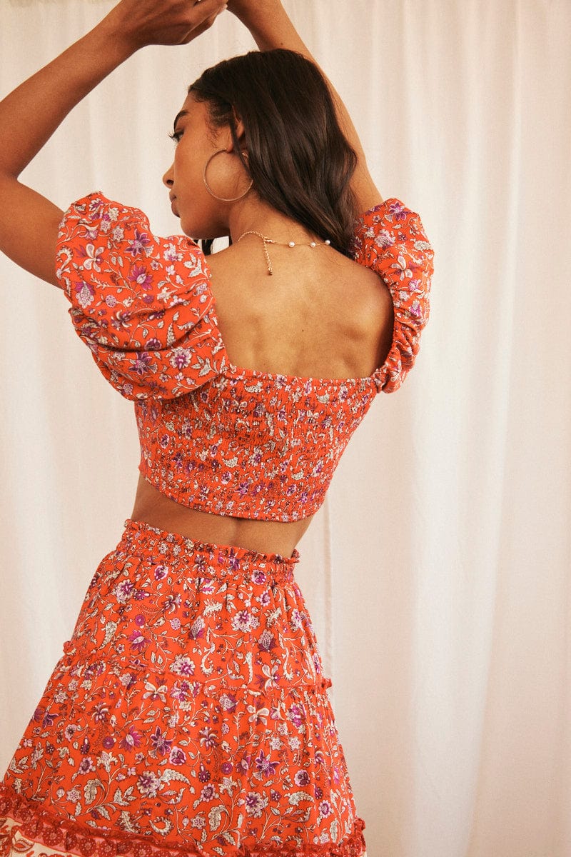 Red Boho Crop Top Short Sleeve Off Shoulder Full Volume - Image 5