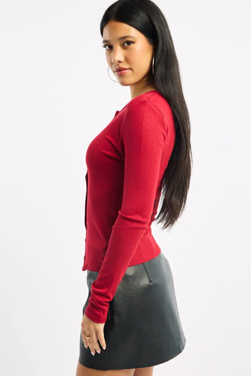 Red Button Front Top Long Sleeve - Image 3