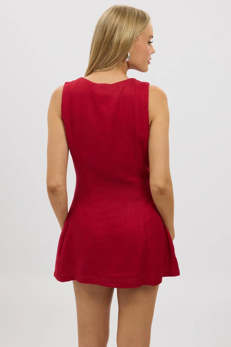Red Button Through Mini Dress - Image 5