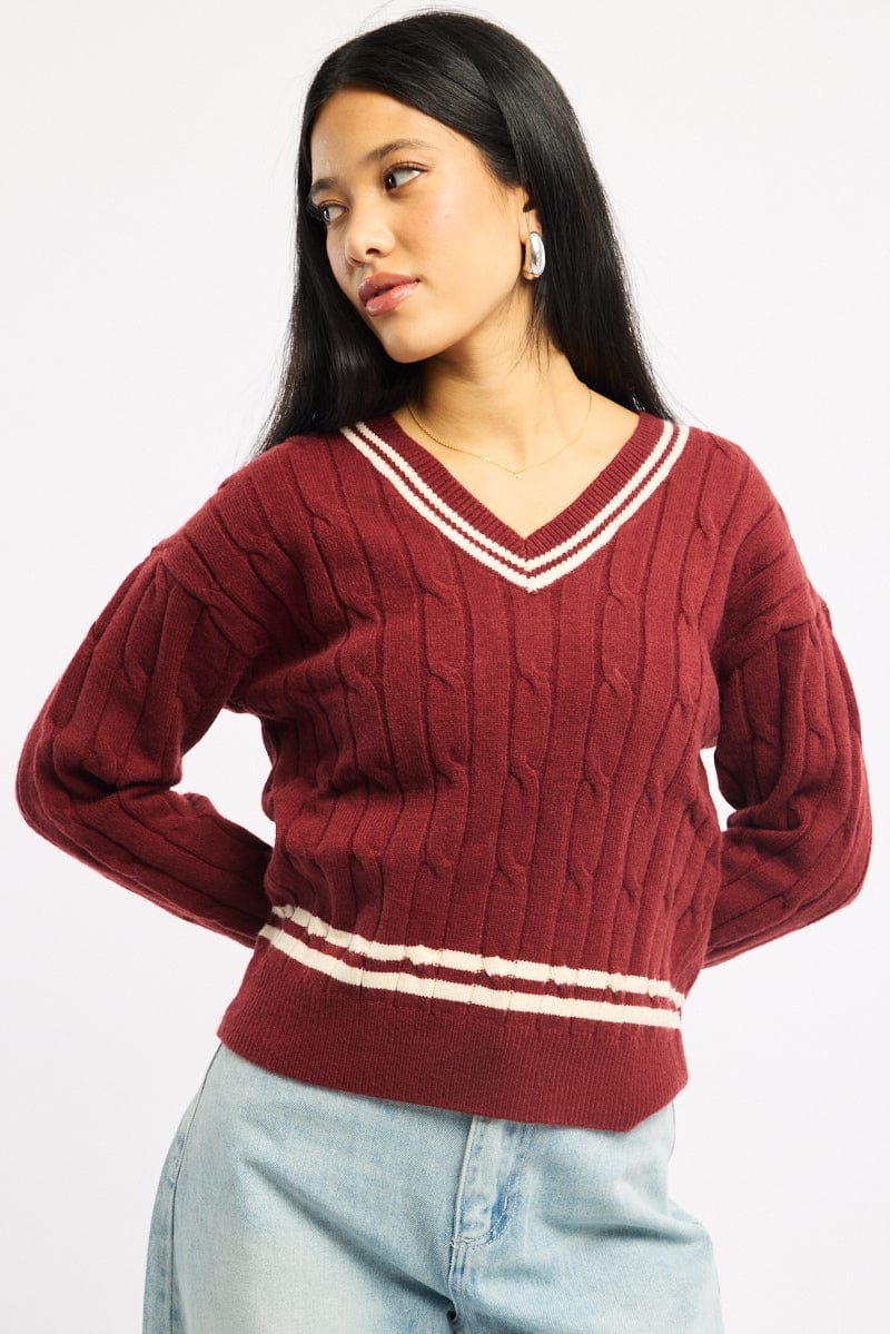 Red Cable Knit Top Long Sleeve V-neck - Image 3
