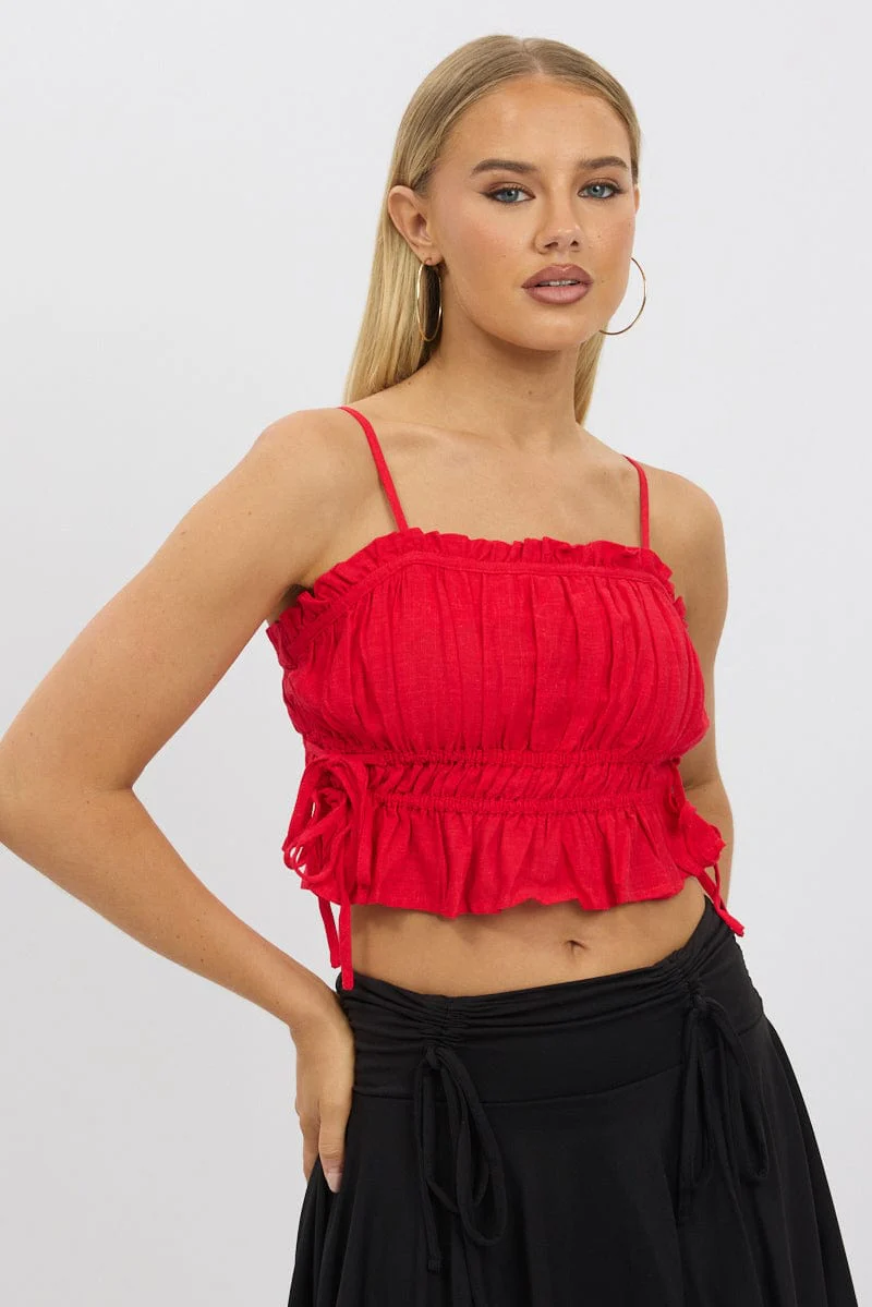 Red Cami Top Ruched Side Bow Linen Blend - Image 3