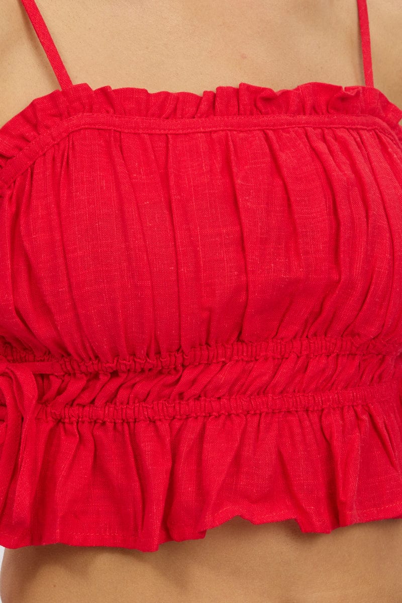 Red Cami Top Ruched Side Bow Linen Blend - Image 6