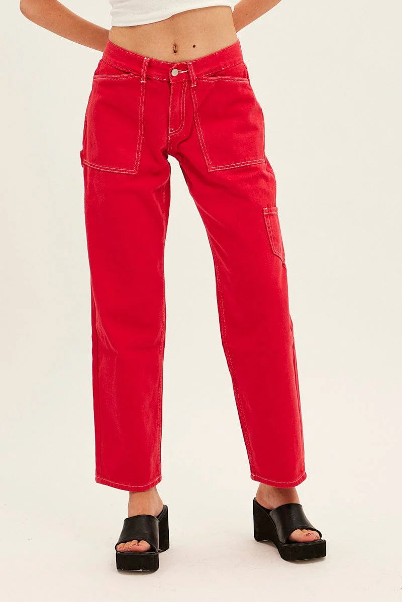 Red Cargo Denim Jeans Low Rise - Image 2