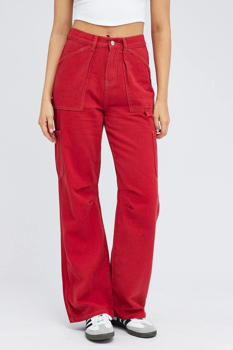 Red Cargo Jeans Mid Rise - Image 2