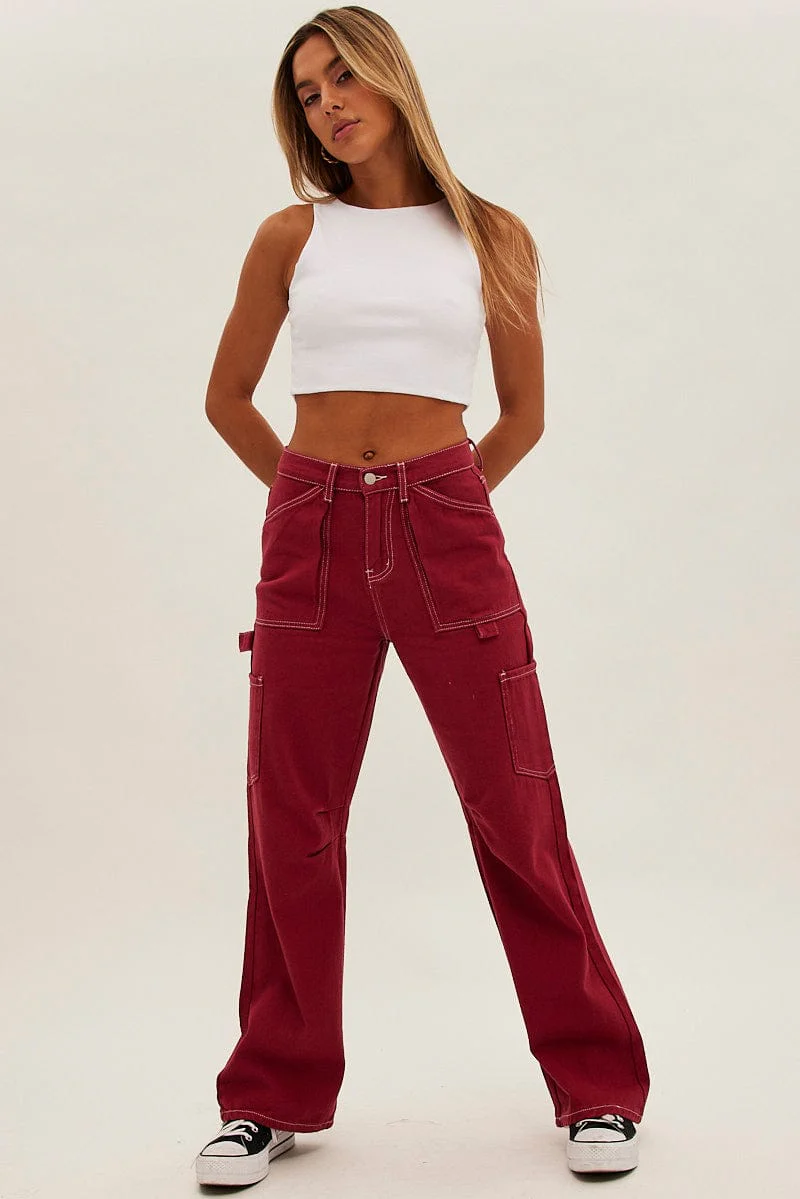Red Cargo Jeans Mid Rise - Image 2
