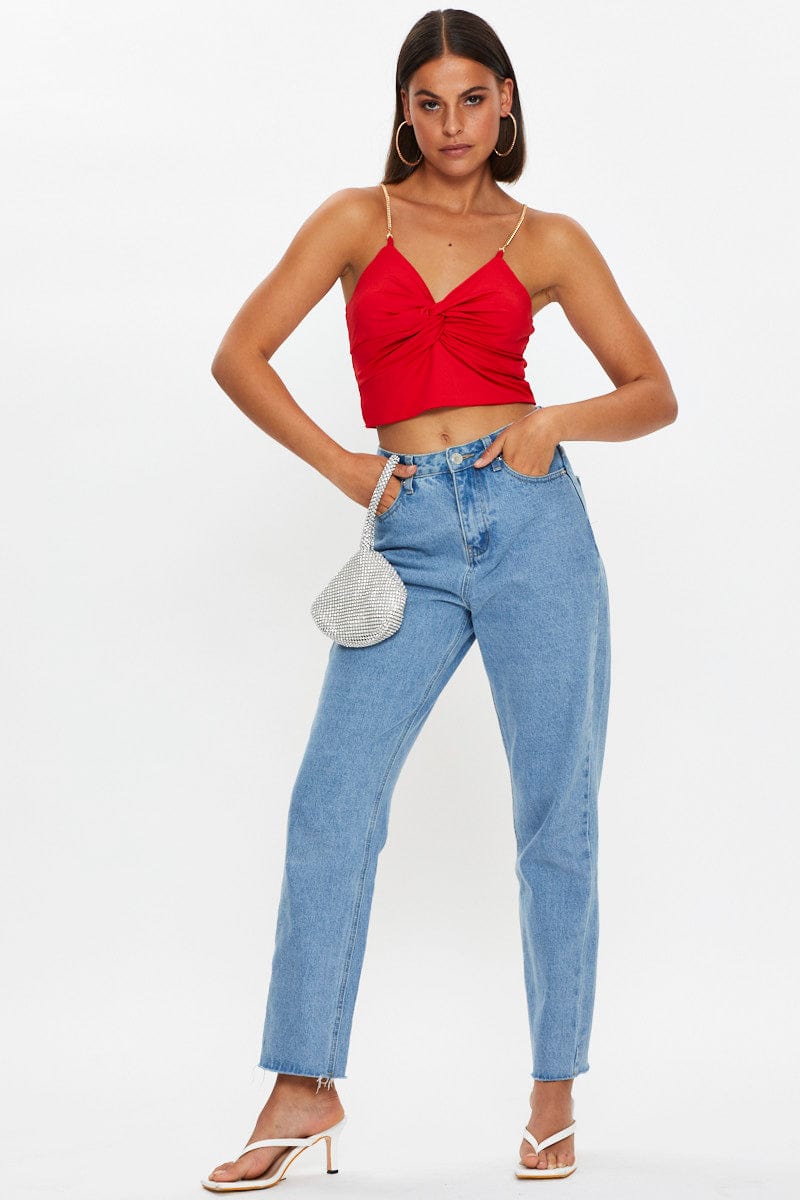 Red Chain Strap Slinky Jersey Knot Front Singlet Top - Image 3