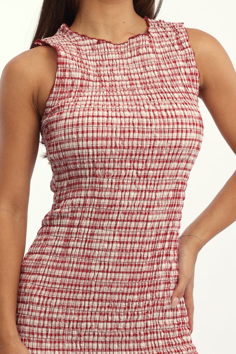 Red Check Bodycon Dress Shirred Mini - Image 5