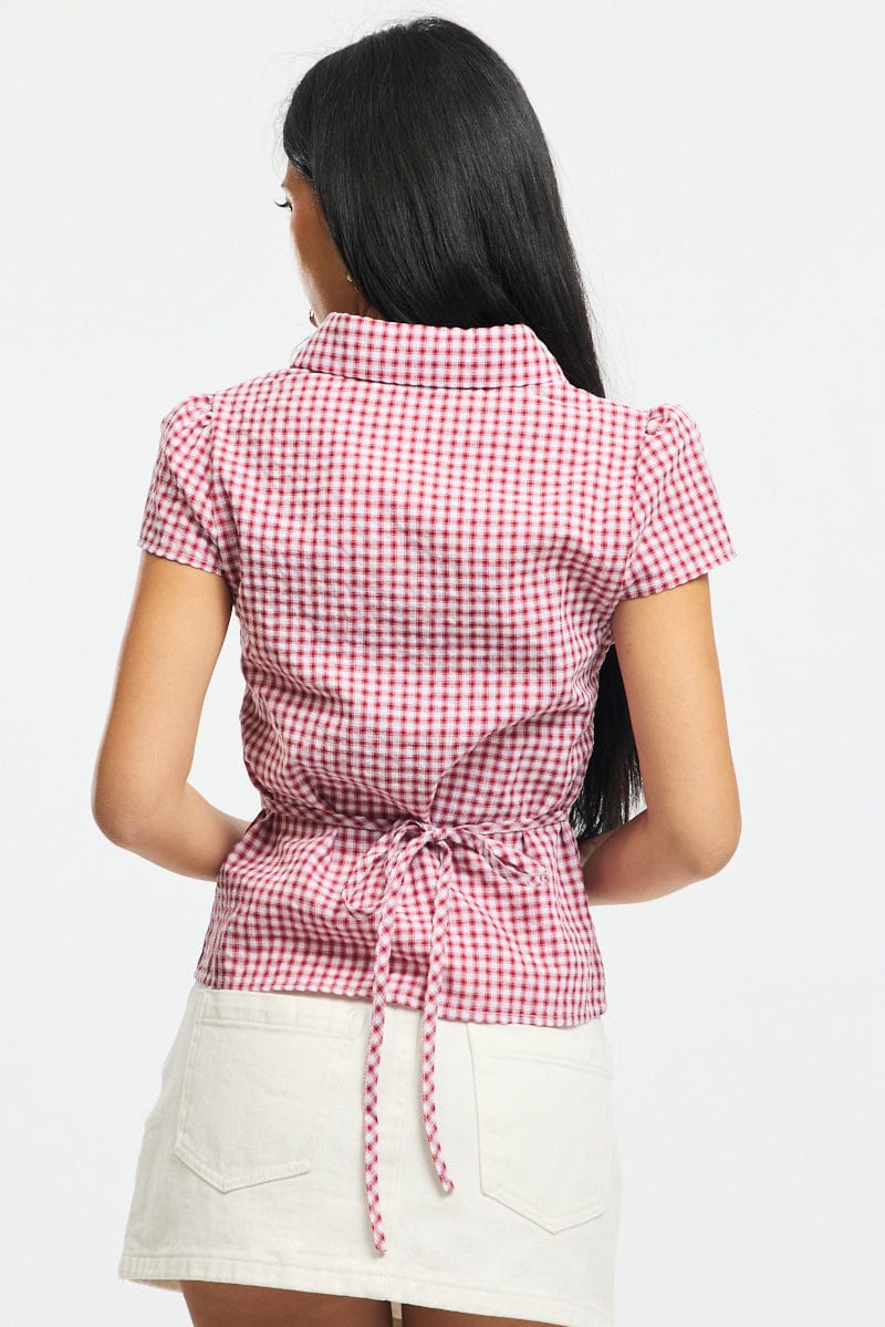 Red Check Button Up Shirt Short Sleeve Collared Tie Back - Image 4