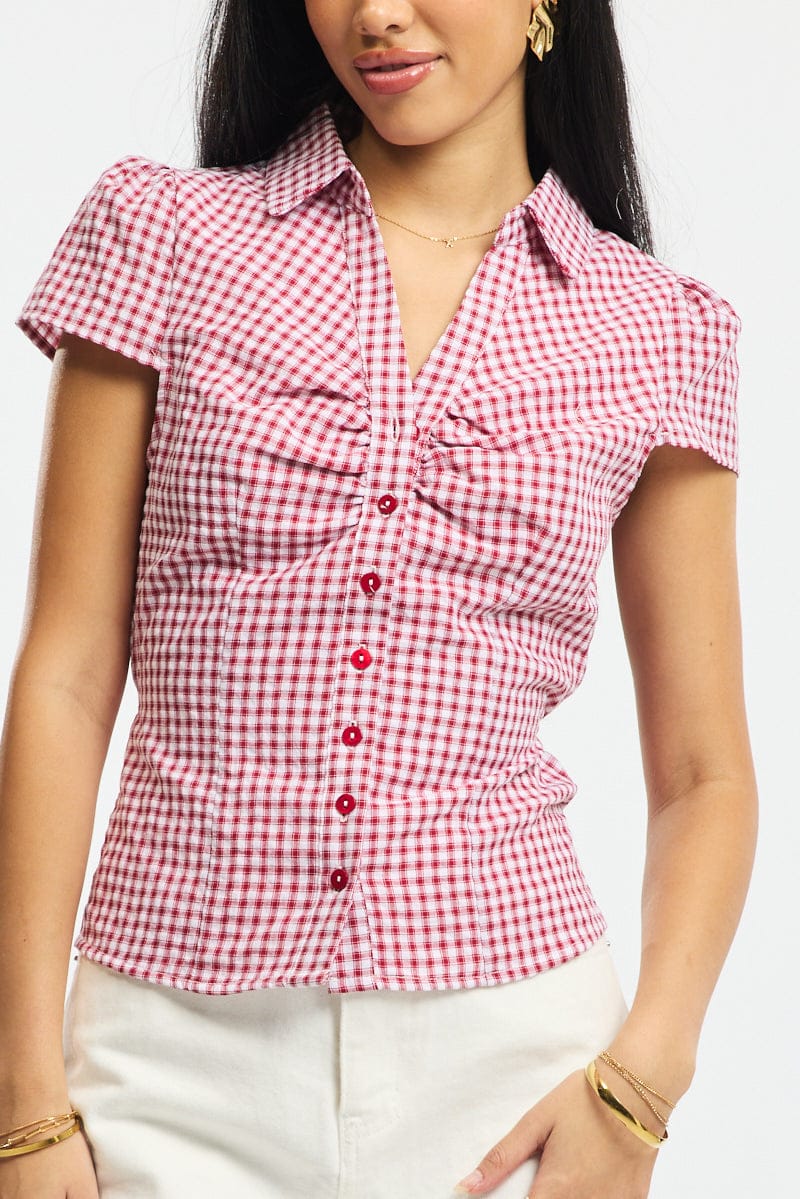 Red Check Button Up Shirt Short Sleeve Collared Tie Back - Image 5