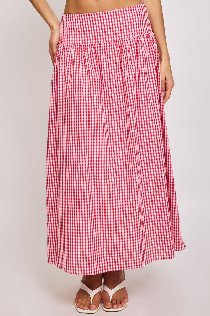 Red Check Maxi Skirt Drop Waist Shirred Back - Image 2