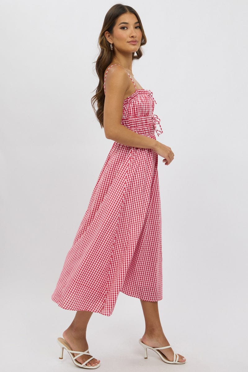 Red Check Midi Dress Ribbon Detail Strappy - Image 4