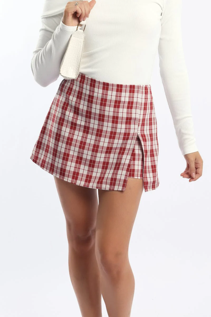 Red Check Mini Skort Skirt Mid Rise Tailored Lined - Image 2
