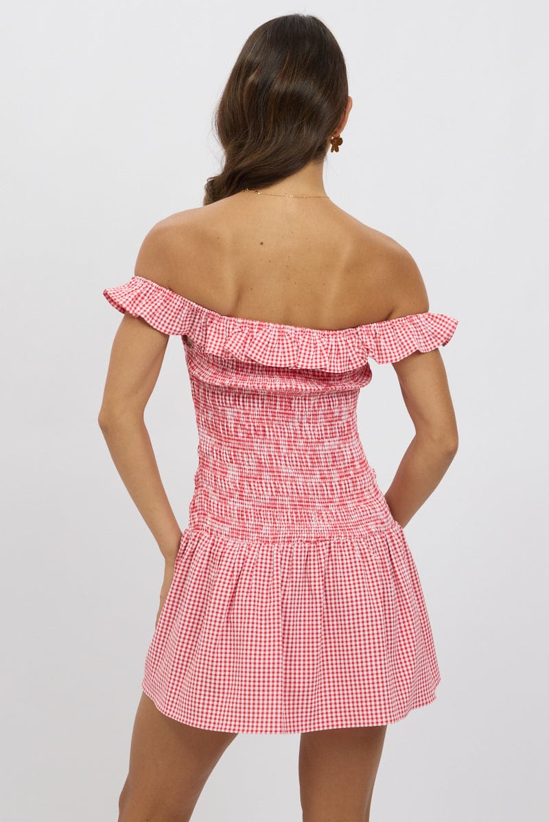 Red Check Shirred Mini Dress - Image 5