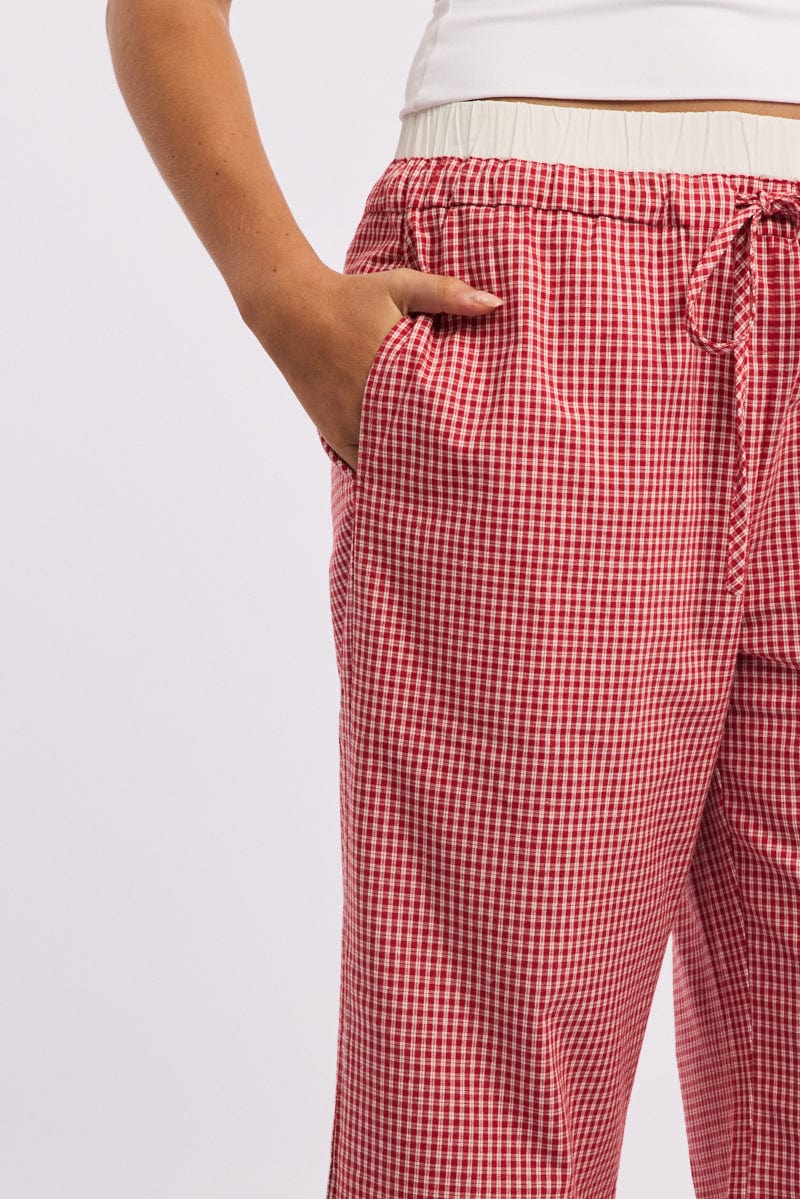 Red Check Wide Leg Pants Contrast Waist - Image 5
