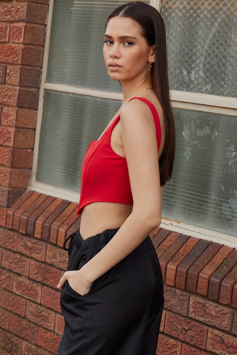 Red Corset Top Sleeveless Square Neck Crop Structured - Image 4