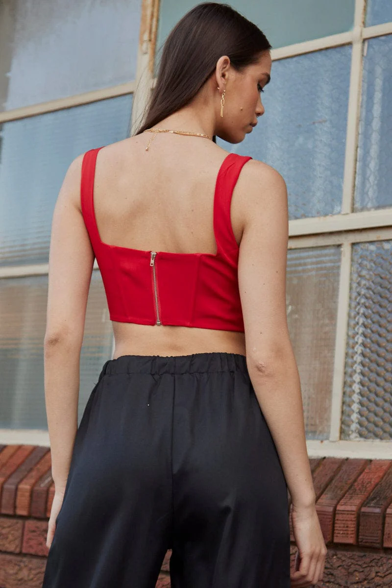 Red Corset Top Sleeveless Square Neck Crop Structured - Image 5