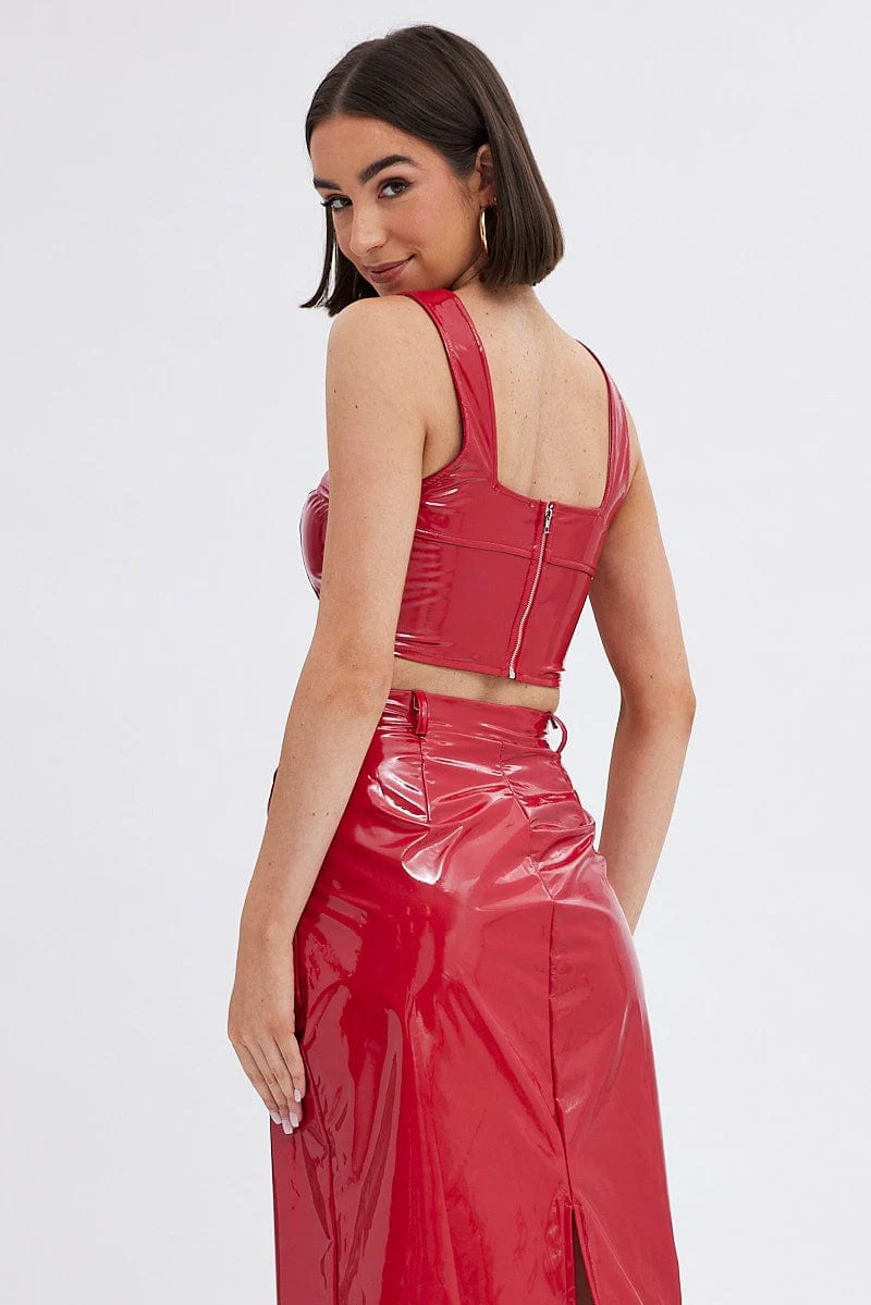 Red Corset Top Sleeveless Square Neck PU Patent - Image 5
